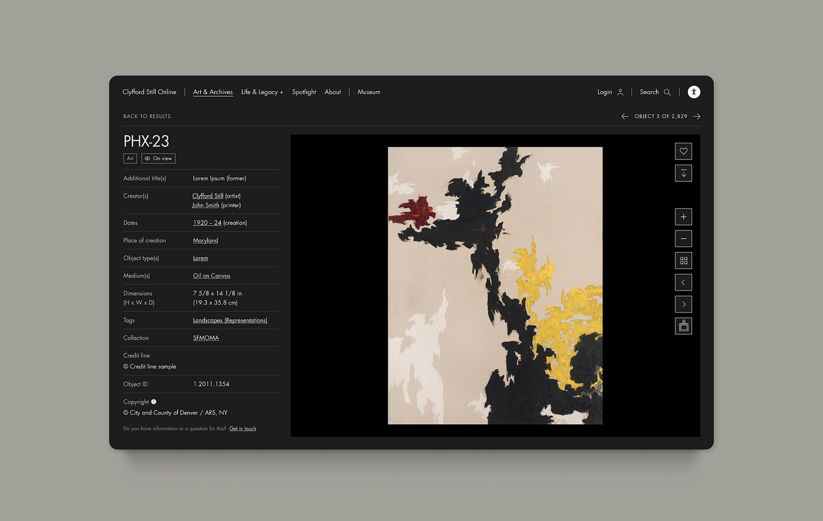 Image of an artwork record page on the Clyfford Still Online, website.